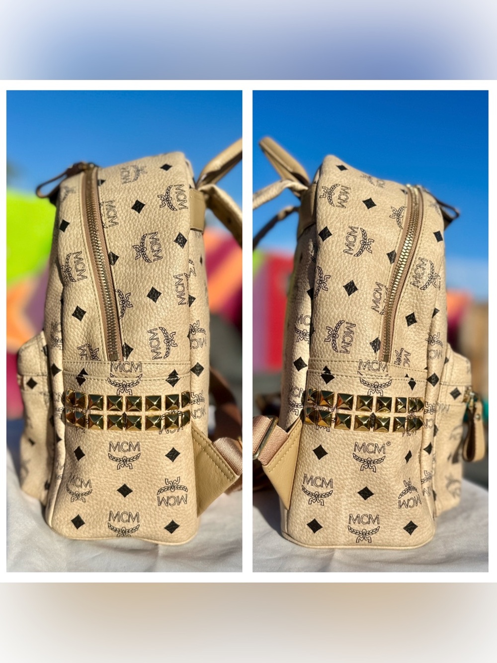 MCM Stark Small Visetos Side Stud Backpack Beige Gold Hardware - Picture 4 of 17